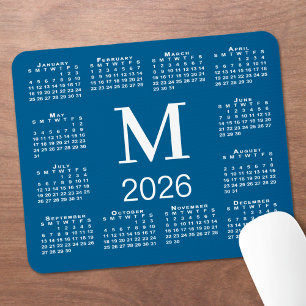 Blue and White Monogram 2026 Calendar Mouse Pad