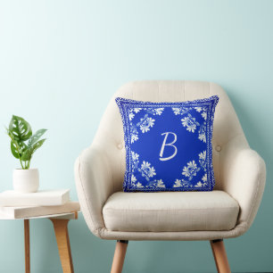 Blue and White Monogram Bandanna Design Cushion