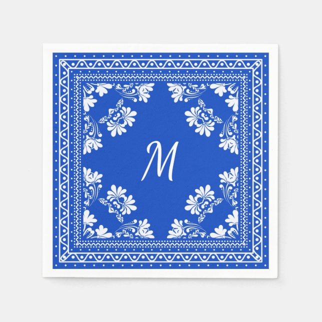 blue and white monogram bandanna pattern napkin (Front)