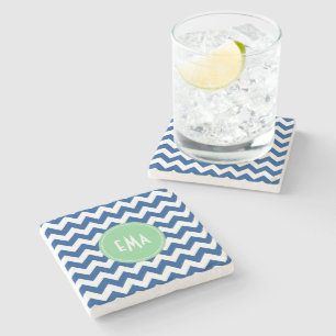 Blue And White Monogram Chevron Geometric Pattern Stone Coaster