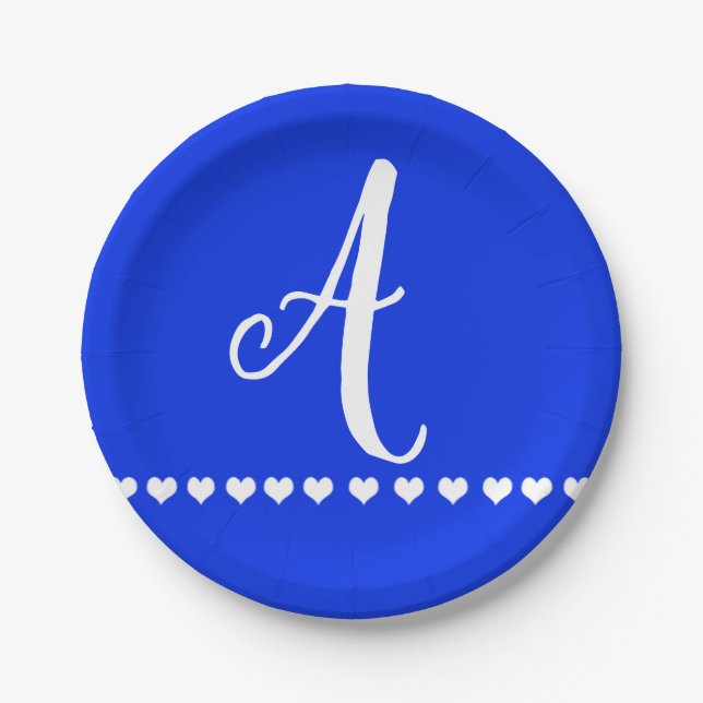 Blue and White Monogram Initial  Paper Plate (Front)