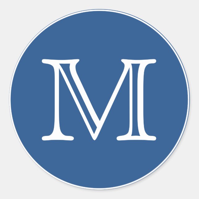 Blue and White Monogram Letter Classic Round Sticker (Front)
