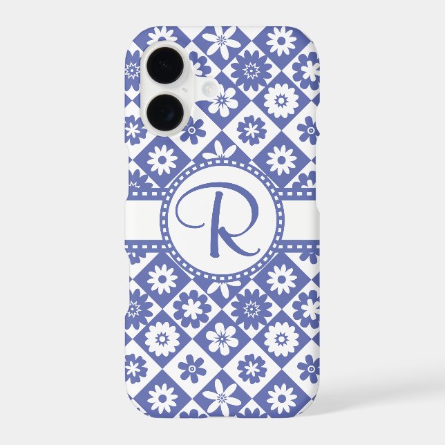 Blue and White Monogram R Pretty Floral Pattern (Back)