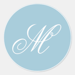 Blue and White Monogram Script Classic Round Sticker