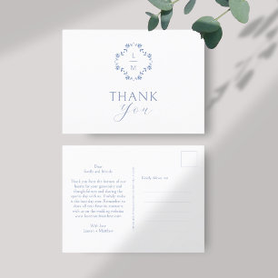 Blue and White Monogram Thank You Postcard