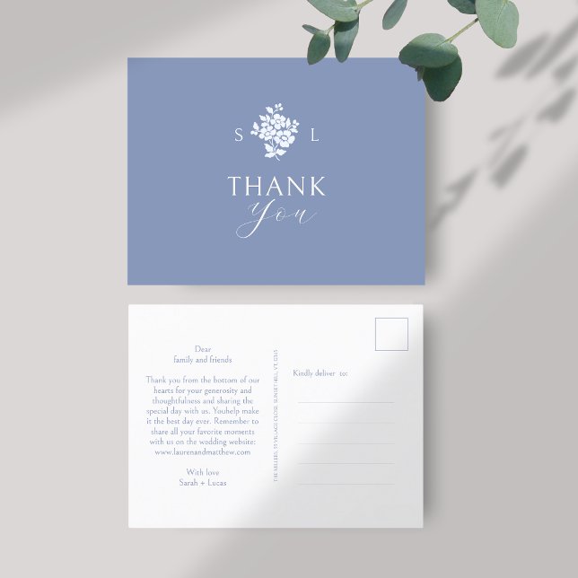 Blue and White Monogram Thank You Postcard (Creator Uploaded)