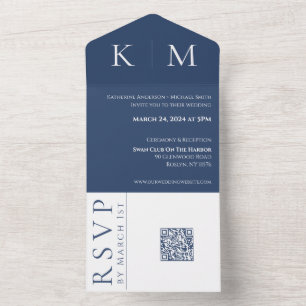 Blue and White-Monogram-Wedding- All In One Invitation