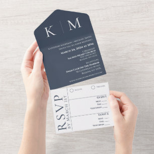 Blue and White-Monogram-Wedding- All In One Invitation
