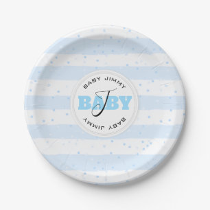 Blue and White Monogrammed Baby Stripes Paper Plate