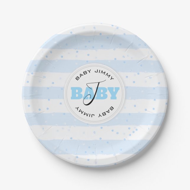 Blue and White Monogrammed Baby Stripes Paper Plate (Front)