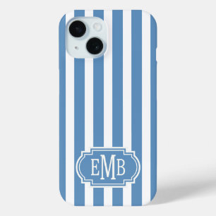Blue and White Monogrammed Stripes iPhone 15 Case
