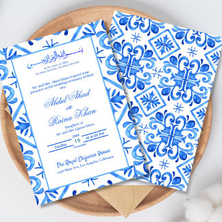 Blue and White Moroccan Pattern Islamic Wedding Invitation