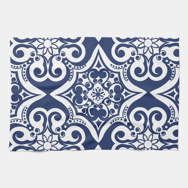 Blue and White Moroccan Pattern Tea Towel (Horizontal)