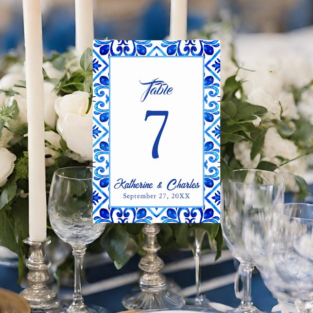 Blue and White Moroccan Tile Pattern Wedding  Table Number (Creator Uploaded)