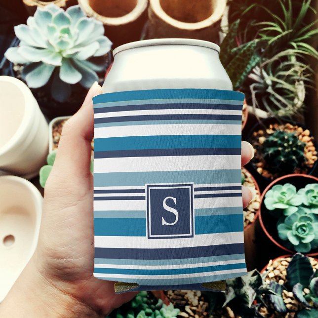 Blue and White Multi Stripe Monogram Can Cooler (Creator Uploaded)