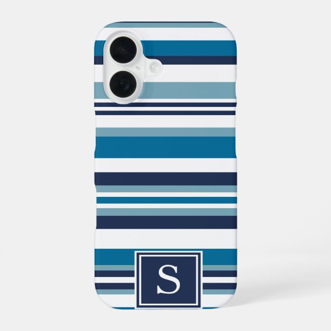 Blue and White Multi Stripe Monogram iPhone 16 Case (Back)