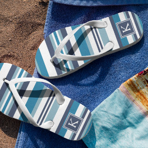 Blue and White Multi Stripe Monogram Jandals