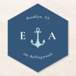 Blue and White Nautical Anchor Couple's Monogram Paper Coaster<br><div class="desc">Featuring a simple monogram with an anchor and ticking stripes, paper coasters are a great addition to any social events like weddings, showers, and dinners. Decorate a wedding reception bar with these customised paper coasters OR give a set to the newlyweds as a gift honouring their big day of marriage...</div>
