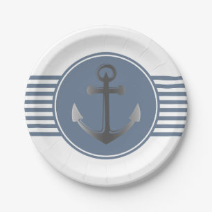 Blue and White Nautical Anchor Stripes Paper Plate