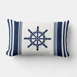 Blue and White Nautical Pillow, Ship Wheel Lumbar Cushion