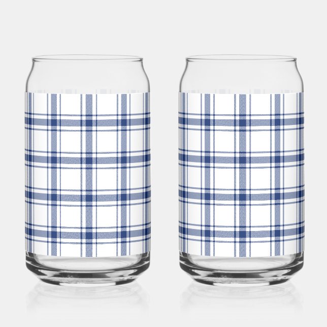 Blue and White Nautical Plaid Can Glass (Front)