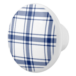 Blue and White Nautical Plaid Ceramic Knob