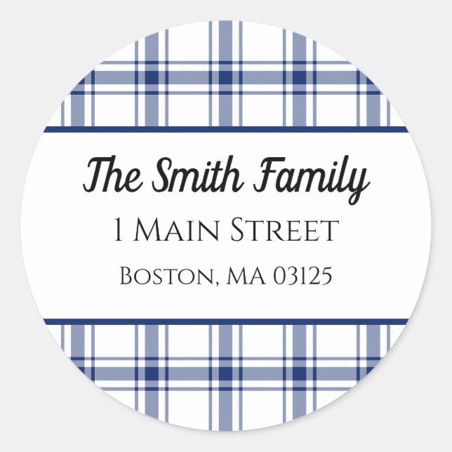 Blue and White Nautical Plaid Classic Round Sticker (Front)