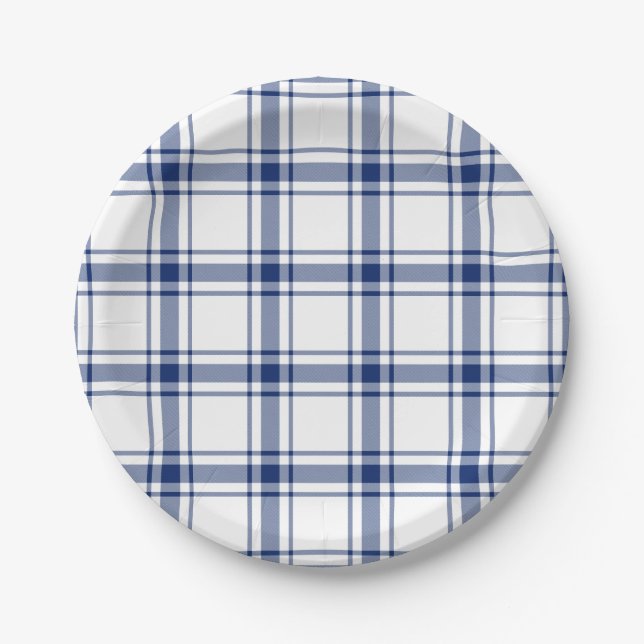 Blue and White Nautical Plaid Paper Plate (Front)