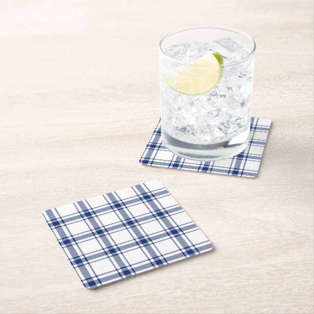 Blue and White Nautical Plaid Square Paper Coaster (Insitu)