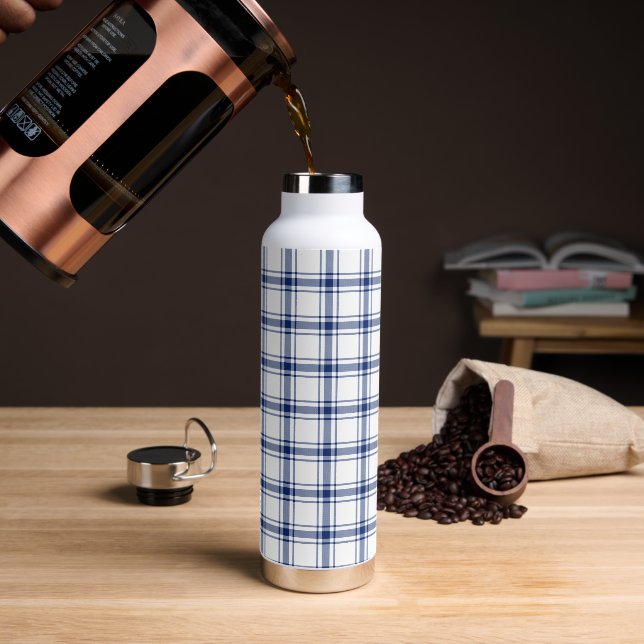 Blue and White Nautical Plaid Water Bottle (Coffee)