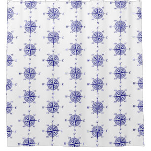 Blue and White Nautical Sailing Compass Shower Curtain