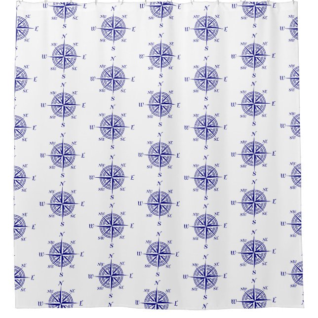 Blue and White Nautical Sailing Compass Shower Curtain (Front)
