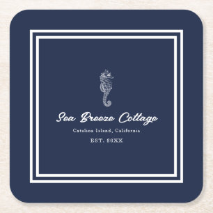 Blue and White Nautical Seahorse Square Paper Coaster