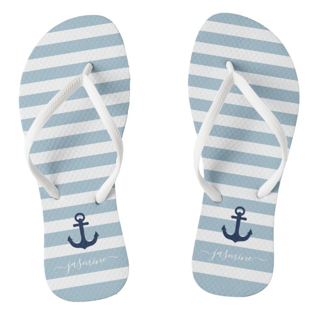 Blue and White Nautical Stripe Name Jandals (Footbed)