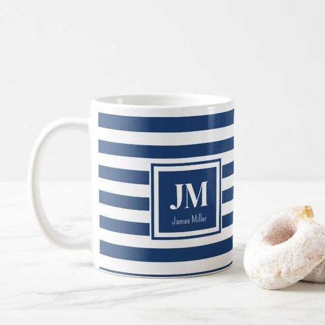 Blue and White Nautical Stripes Monogram Coffee Mug (With Donut)