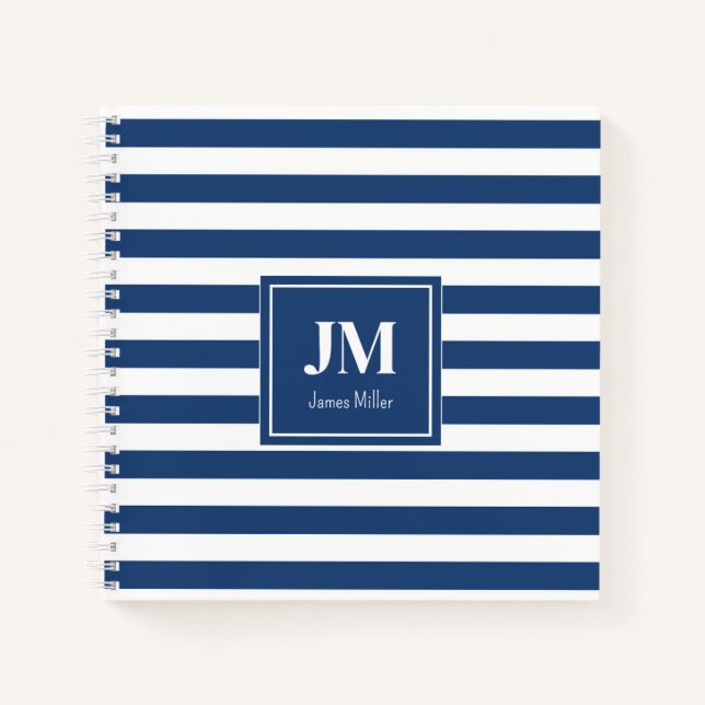 Blue and White Nautical Stripes Monogram Notebook (Front)