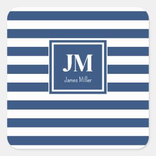 Blue and White Nautical Stripes Monogram Square Sticker