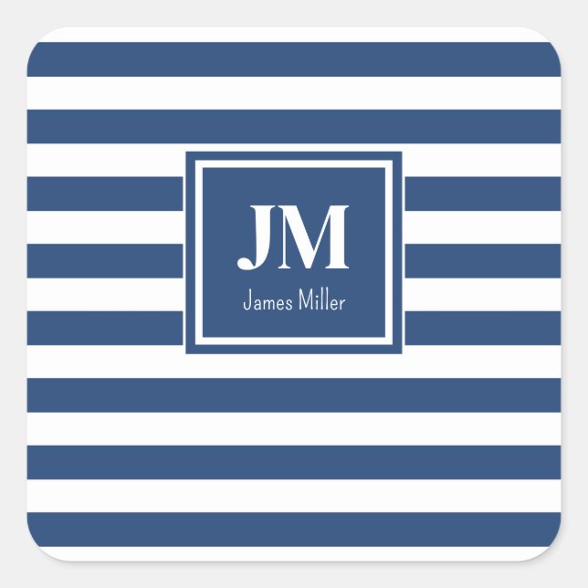 Blue and White Nautical Stripes Monogram Square Sticker (Front)
