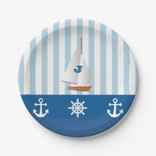 Blue and White Nautical themed Monogramed design. Paper Plate