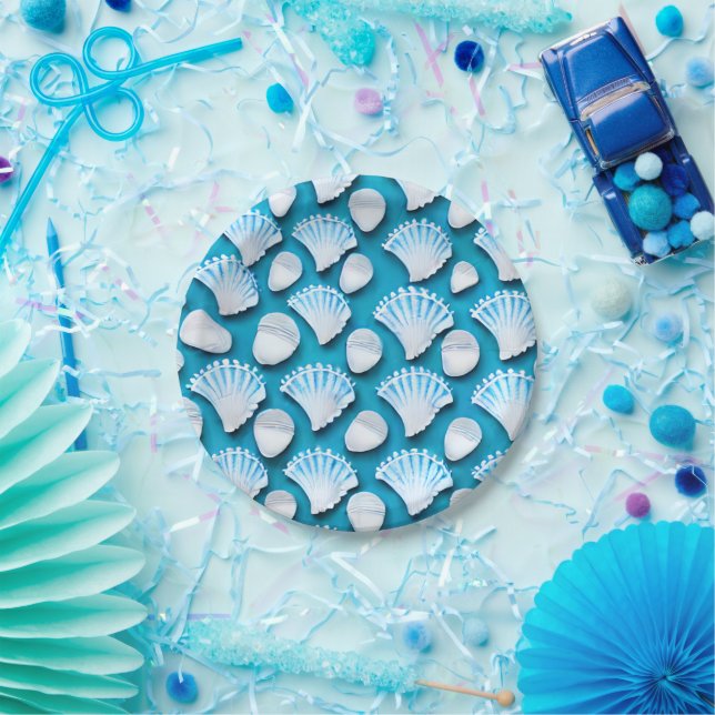 Blue and White Ocean Seashells Pattern Paper Plate (Party)