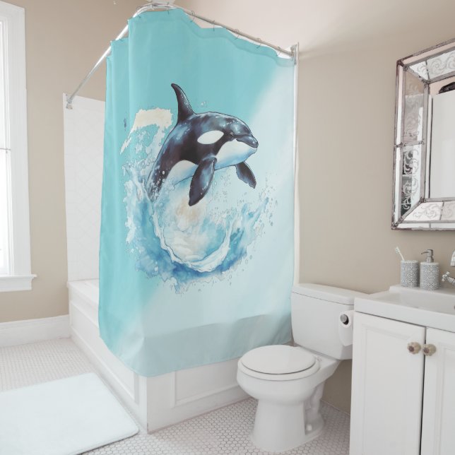 Blue and White Ocra Ocean Beach Nautical Shower Curtain (In Situ)