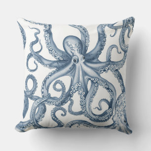 Blue and White Octopus Design Pillow. Cushion