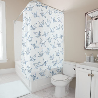 Blue and white origami paper crane shower curtain