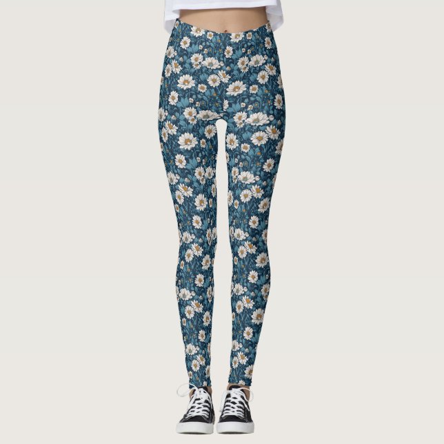 Blue and White Painted Floral Leggings (Front)