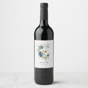 Blue and White Painterly Floral Wedding Wine Label
