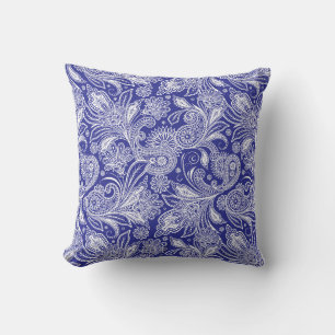 Blue and white paisley cushion