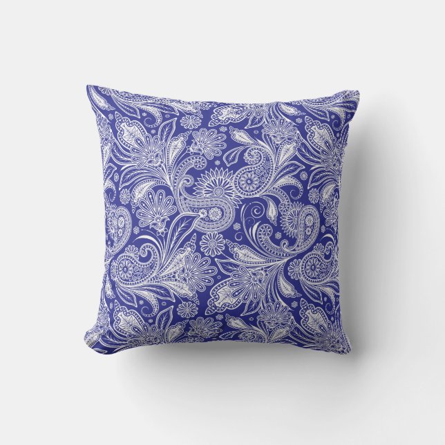 Blue and white paisley  cushion (Front)