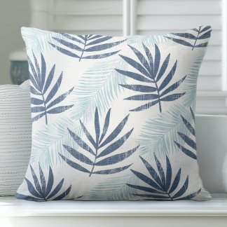 Blue and White Palm Leaf Throw Pillow