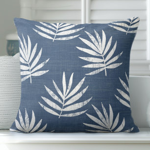 Blue and White Palm Leaf Throw Pillow