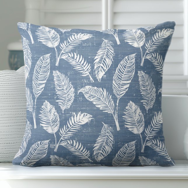 Blue and White Palm Leaves Throw Pillow (Creator Uploaded)
